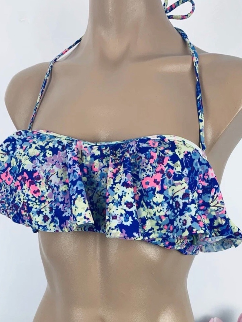 Victoria's Secret (M) Flounce Bandeau Swim Bikini Top Blue Multi Floral